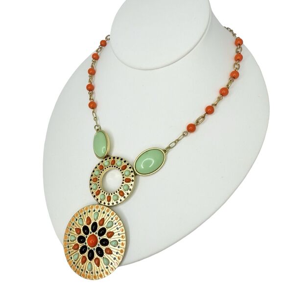 Lia Sophia Alicante Long Pendant Necklace 36" Gold Tone Orange Green Beaded - Picture 2 of 8
